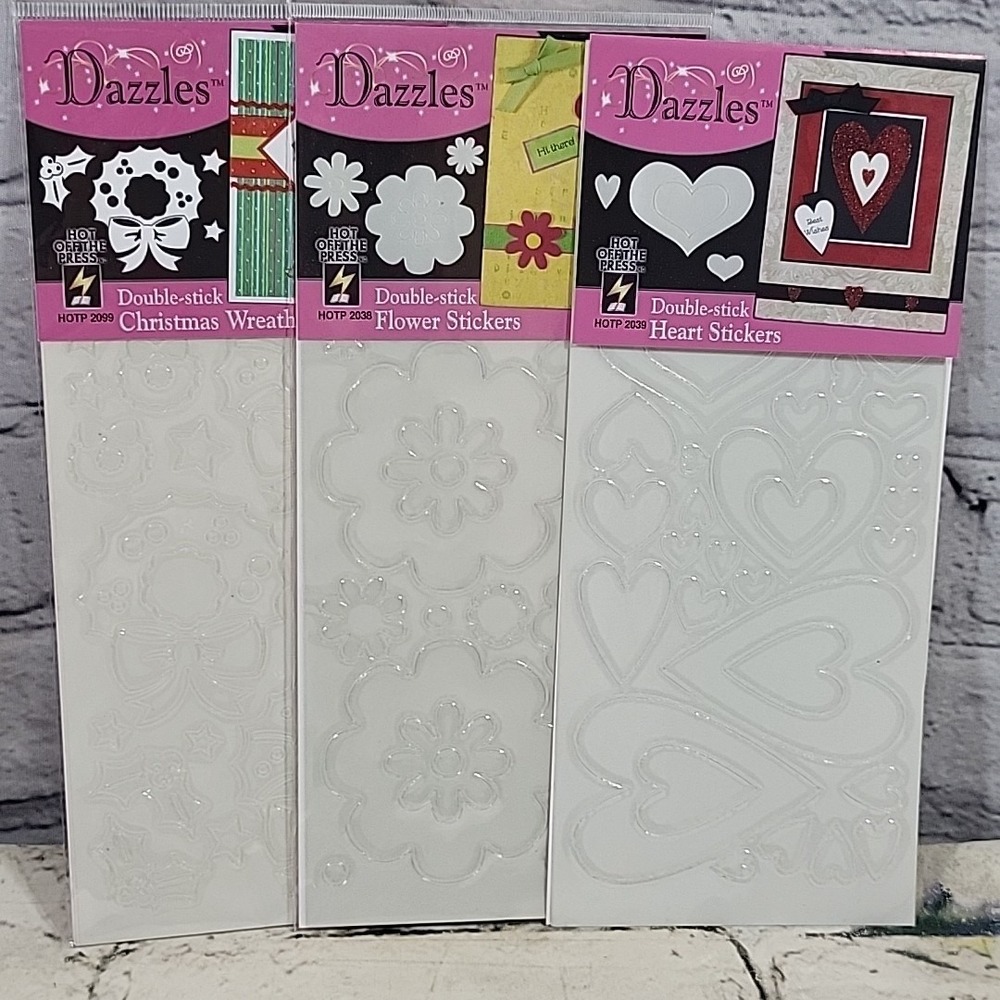 Dazzles Double-Stick‎ Scrapbooking Stickers Lot 3 Packs Hearts Flowers Wreaths